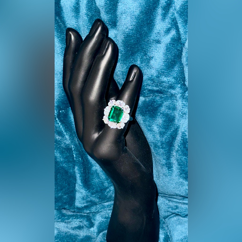 Italo Green Emerald Cut Flower Halo Ring In Sterling Silver Cz Engagement Ring
